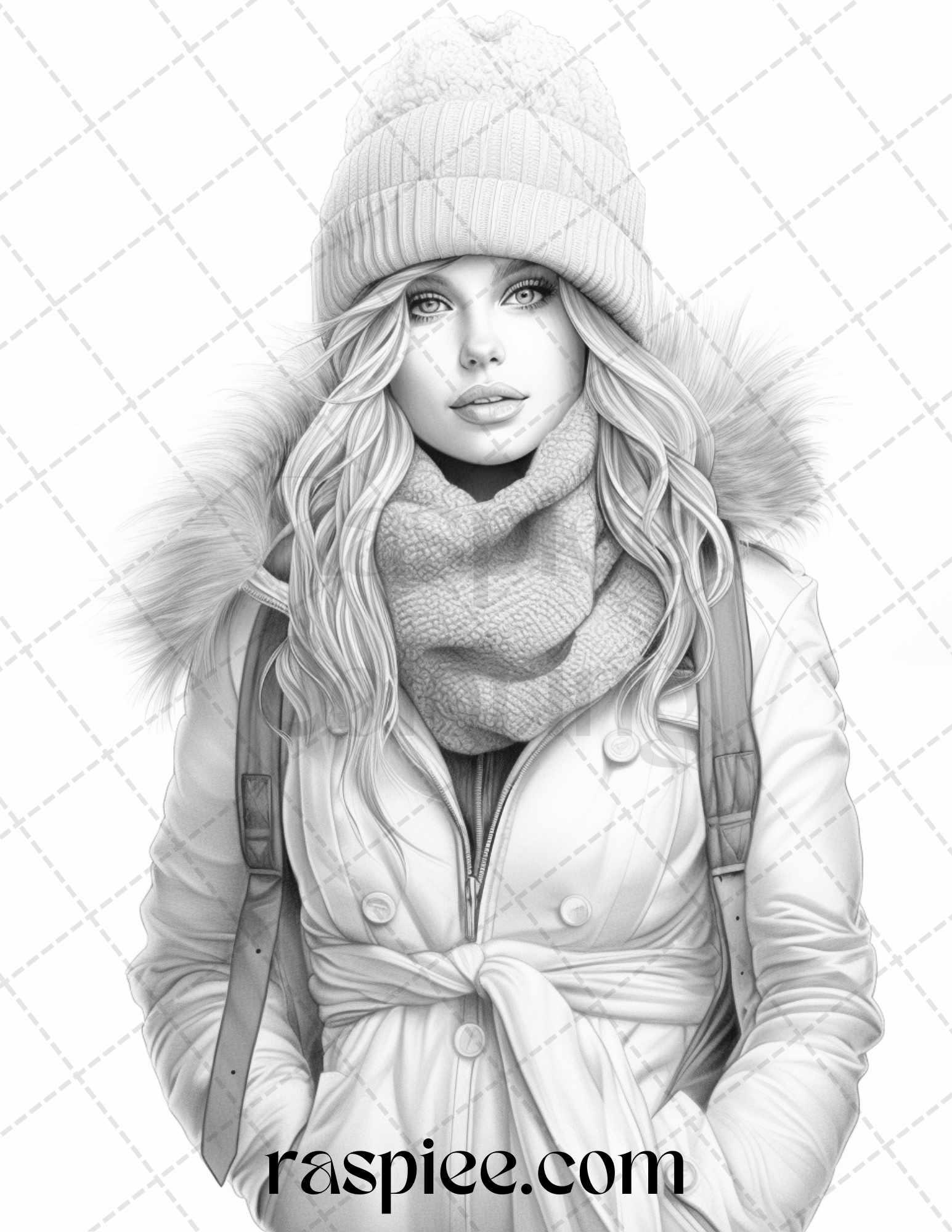 40 Winter Fashion Grayscale Coloring Pages Printable for Adults, PDF File Instant Download