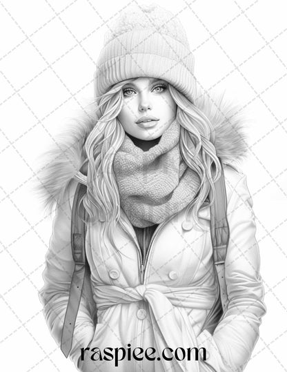 40 Winter Fashion Grayscale Coloring Pages Printable for Adults, PDF File Instant Download