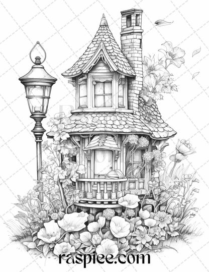 50 Lantern Fairy Houses Grayscale Coloring Pages Printable for Adults, PDF File Instant Download