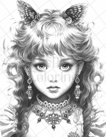 60 Adorable Gothic Girls Grayscale Coloring Pages Printable for Adults, PDF File Instant Download