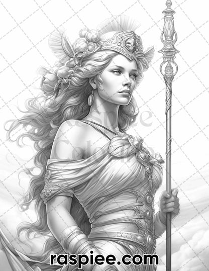 52 Mythology Gods Grayscale Coloring Pages for Adults, Printable PDF Instant Download