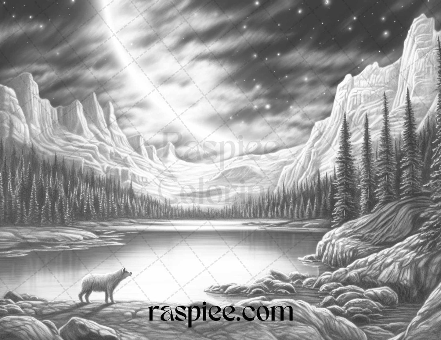 Aurora Borealis Landscape Grayscale Coloring Pages for Adults, Printable PDF File Instant Download