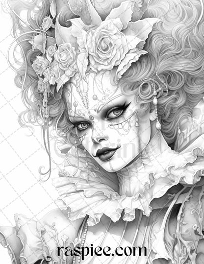 50 Scary Clown Girls Grayscale Coloring Pages Printable for Adults, PDF File Instant Download