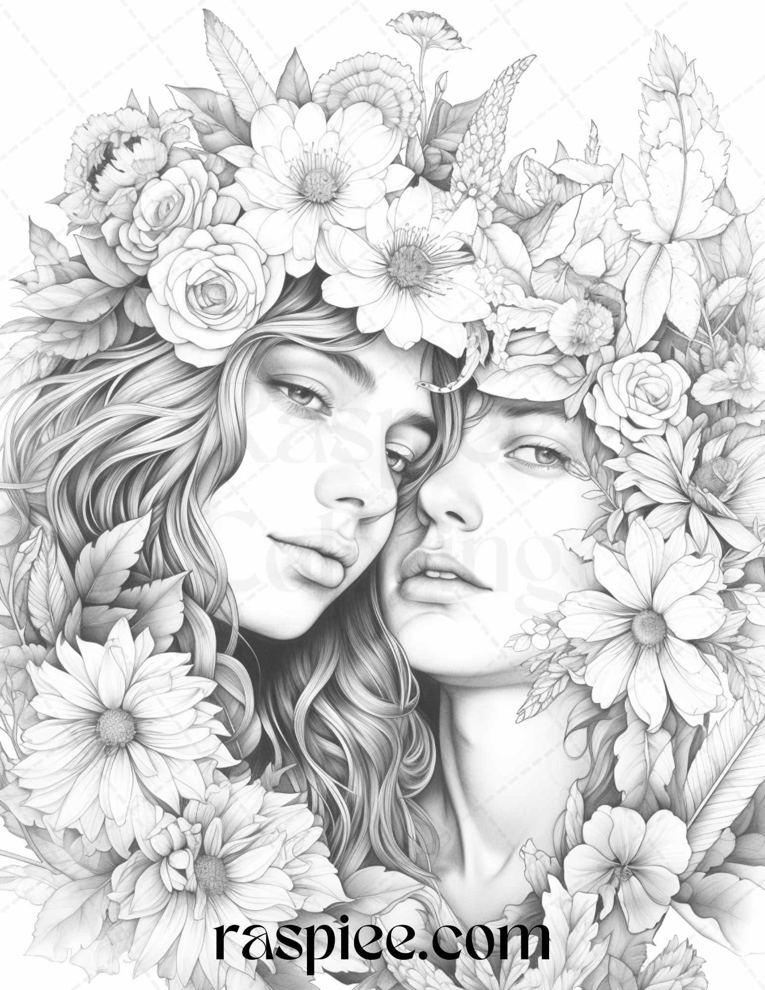 50 Romantic Couple Flowers Grayscale Coloring Pages Printable for Adults, PDF File Instant Download