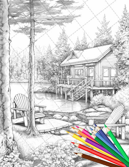 Lake Cabin Scenery Grayscale Coloring Pages Printable for Adults, PDF File Instant Download