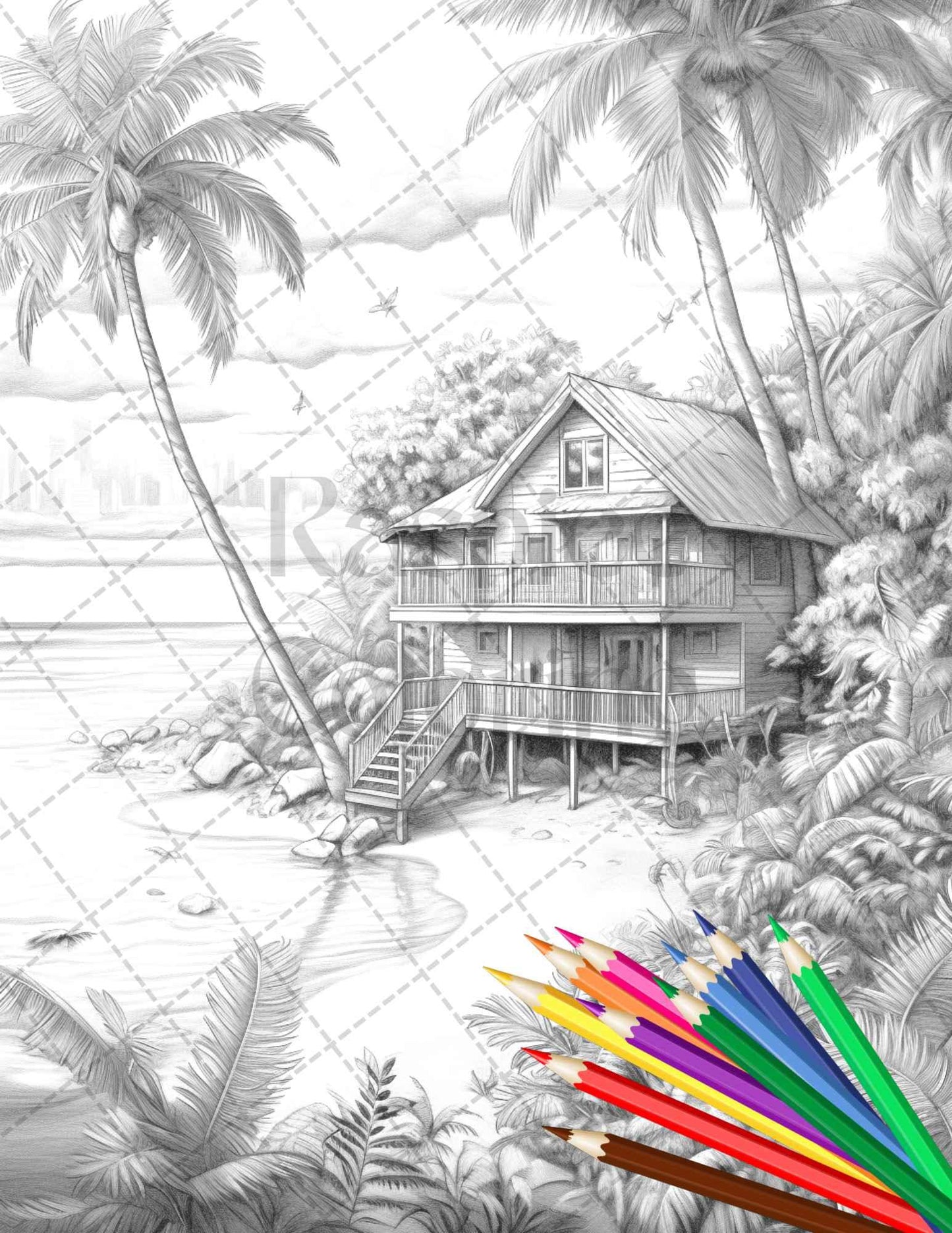 Beautiful Tropical Beach Grayscale Coloring Pages Printable for Adults, PDF File Instant Download