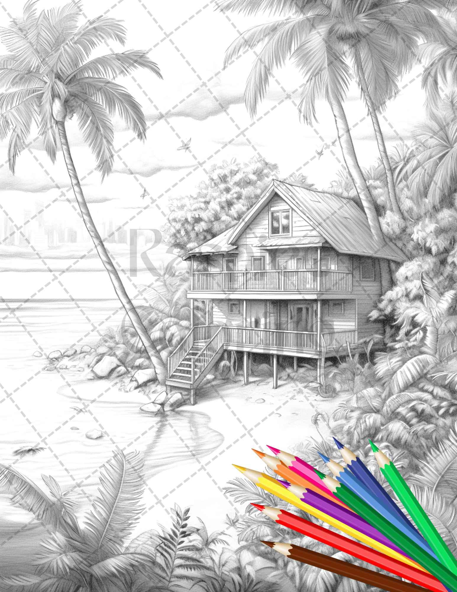 Beautiful Tropical Beach Grayscale Coloring Pages Printable for Adults, PDF File Instant Download