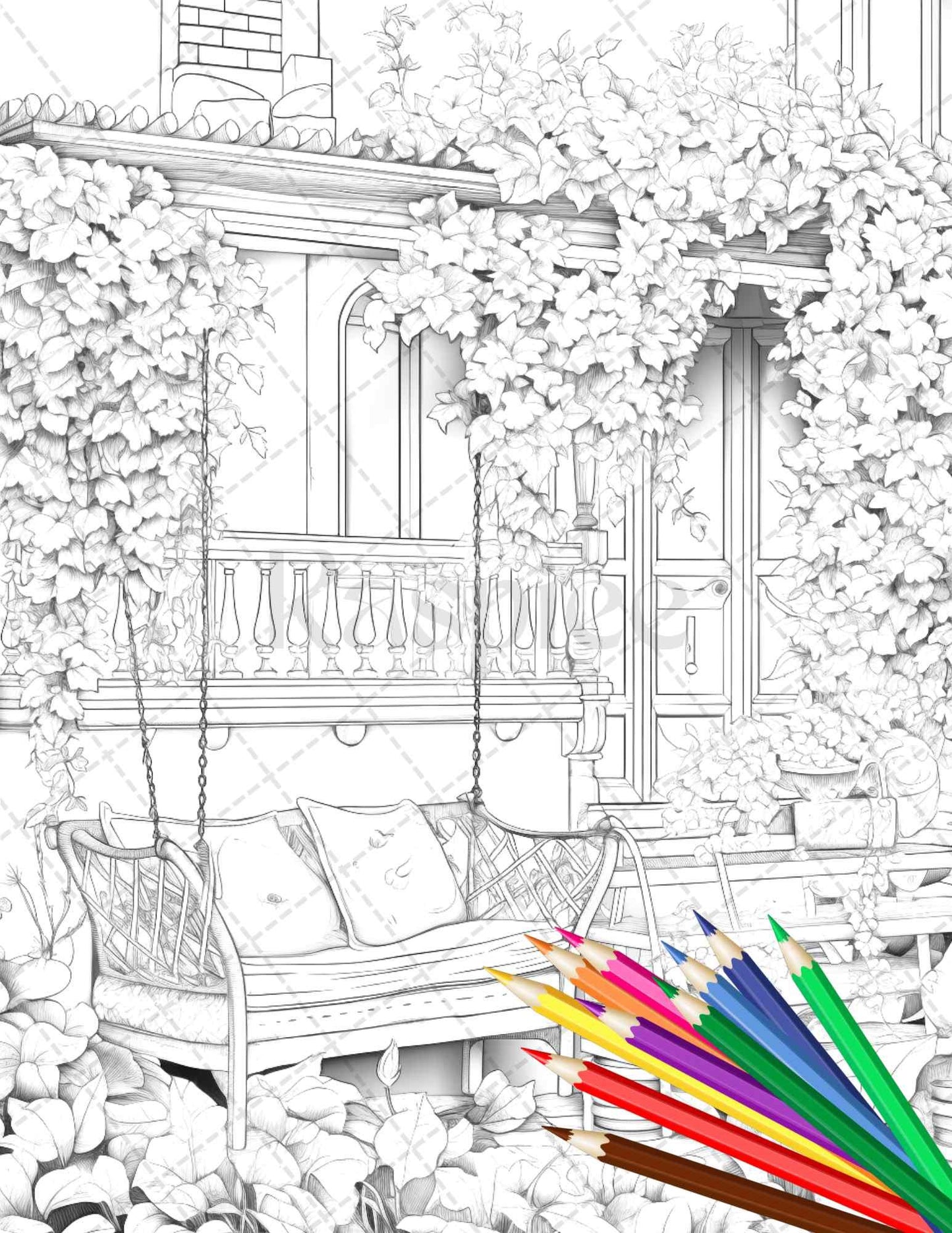 Charming Balcony Garden Grayscale Coloring Pages Printable for Adults, PDF File Instant Download