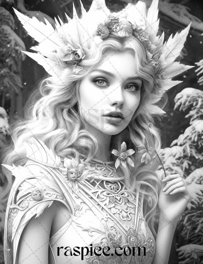 50 Winter Fairy Grayscale Coloring Pages Printable for Adults, PDF File Instant Download