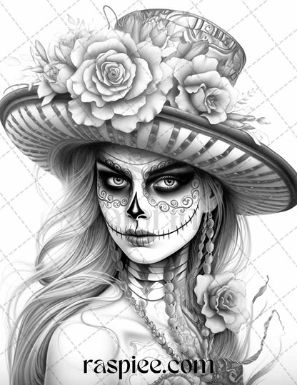 50 Day of the Dead Grayscale Coloring Pages Printable for Adults, PDF File Instant Download