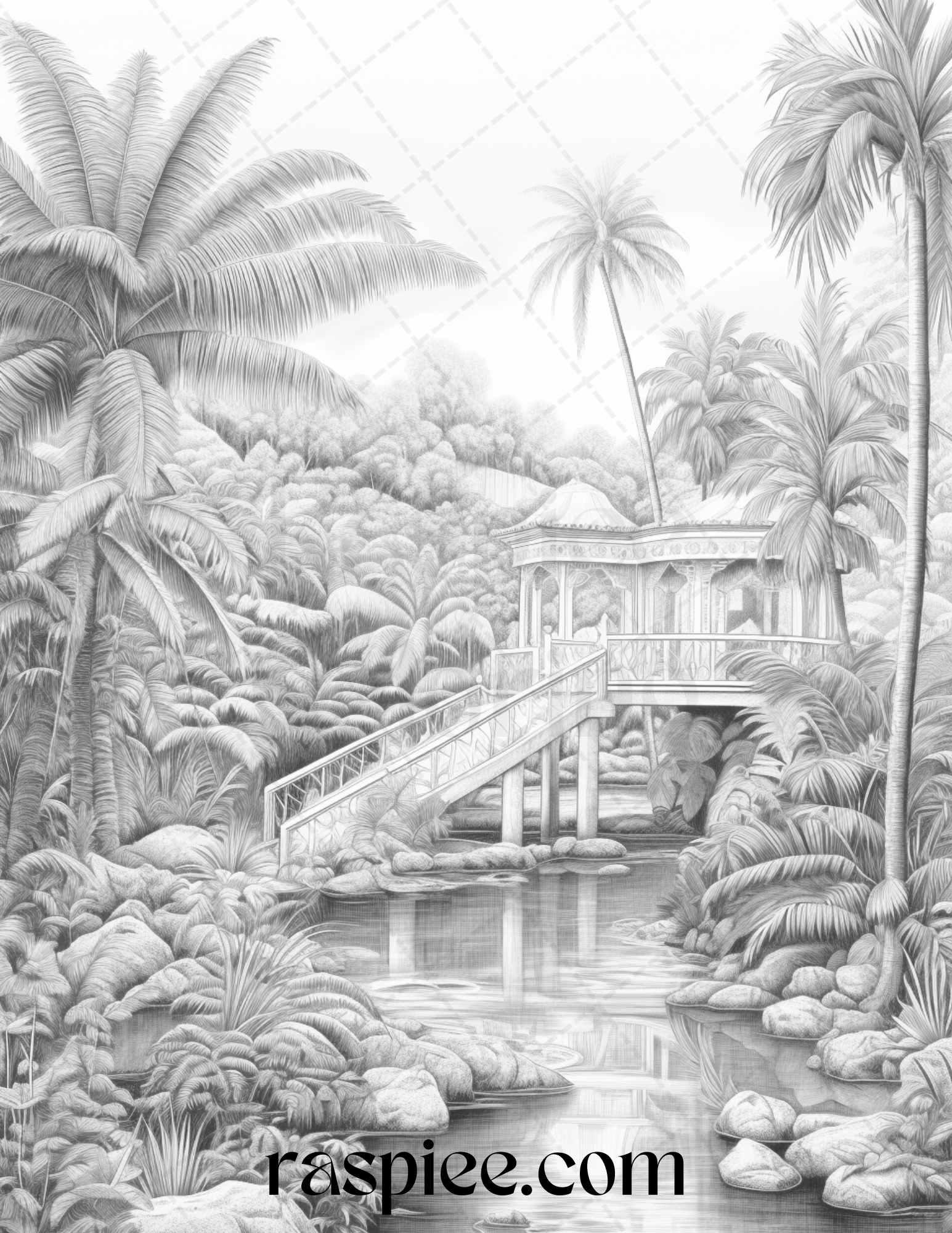 52 Tropical Oasis Grayscale Coloring Pages Printable for Adults, PDF File Instant Download
