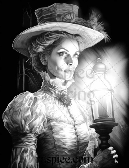 60 Halloween Victorian Era Grayscale Coloring Pages Printable for Adults, PDF File Instant Download