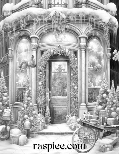 Christmas Store Front Grayscale Coloring Pages for Adults, PDF Printable Instant Download
