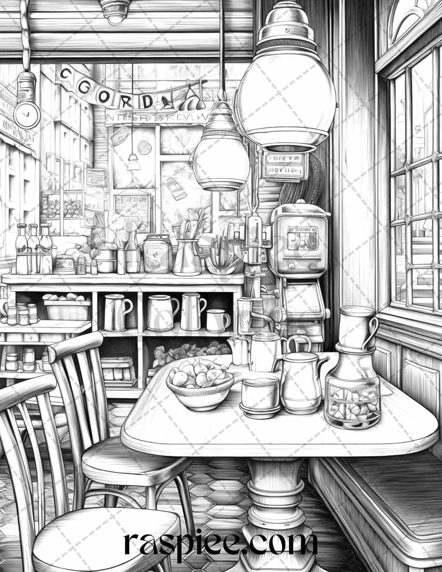 50 Cozy Coffee Shop Grayscale Coloring Pages Printable for Adults, PDF File Instant Download