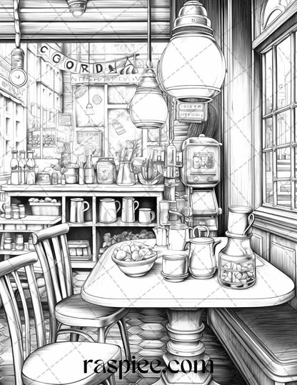 50 Cozy Coffee Shop Grayscale Coloring Pages Printable for Adults, PDF File Instant Download