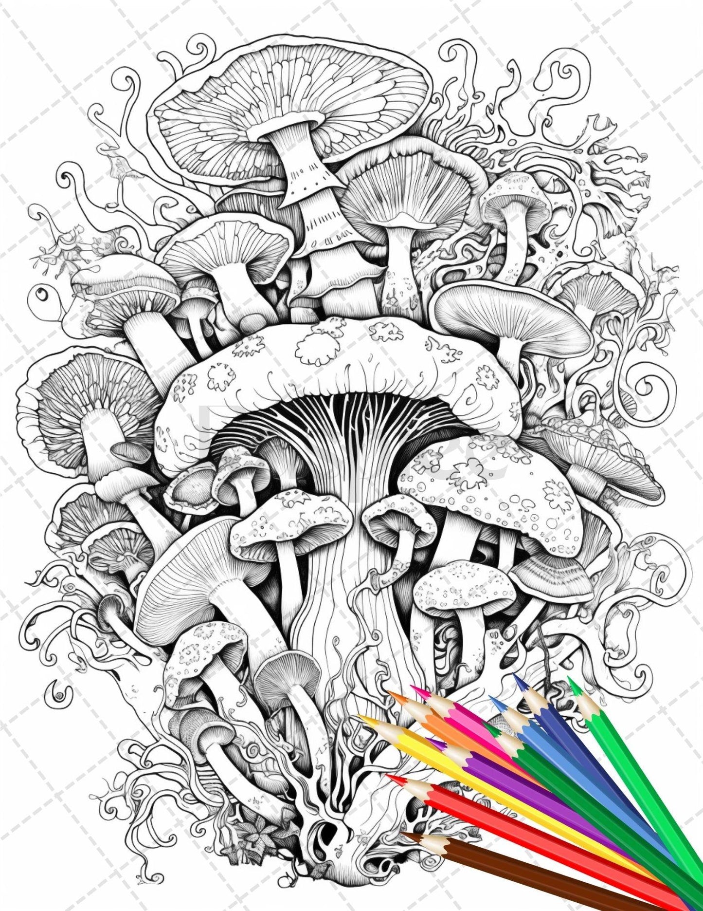 Psychedelic Mushroom Forest Coloring Book Printable for Adults, Trippy Grayscale Coloring Page, PDF File Instant Download