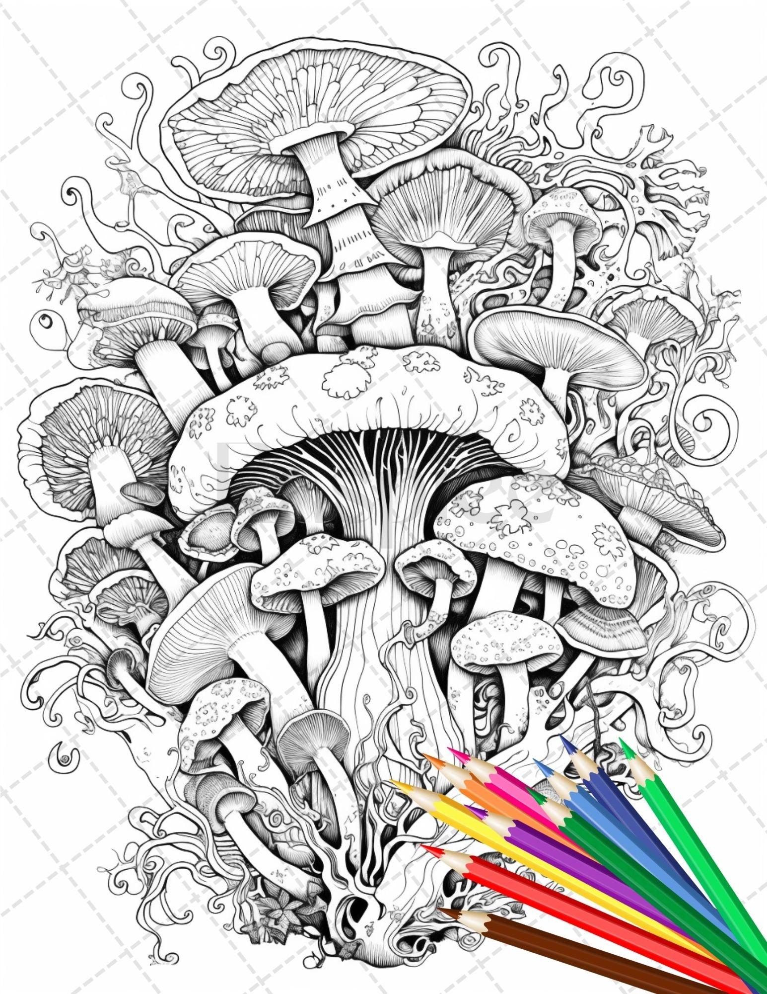 Psychedelic Mushroom Forest Coloring Book Printable for Adults, Trippy Grayscale Coloring Page, PDF File Instant Download