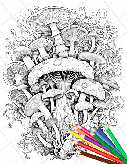 Psychedelic Mushroom Forest Coloring Book Printable for Adults, Trippy Grayscale Coloring Page, PDF File Instant Download