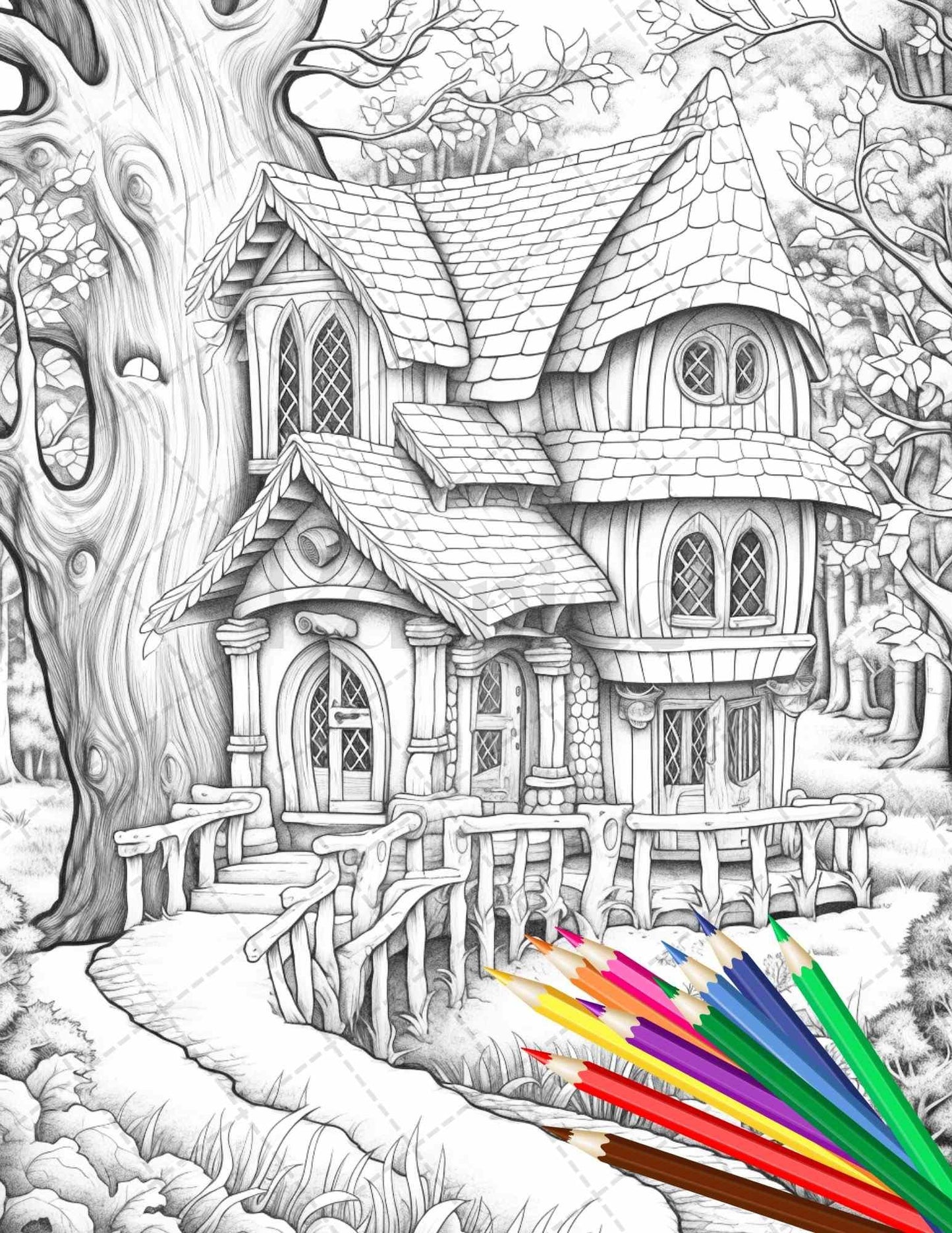 63 Winter Fairy Houses Grayscale Coloring Pages Printable for Adults, PDF File Instant Download