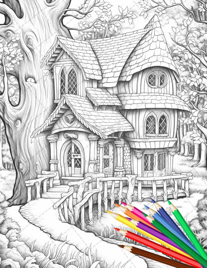 63 Winter Fairy Houses Grayscale Coloring Pages Printable for Adults, PDF File Instant Download