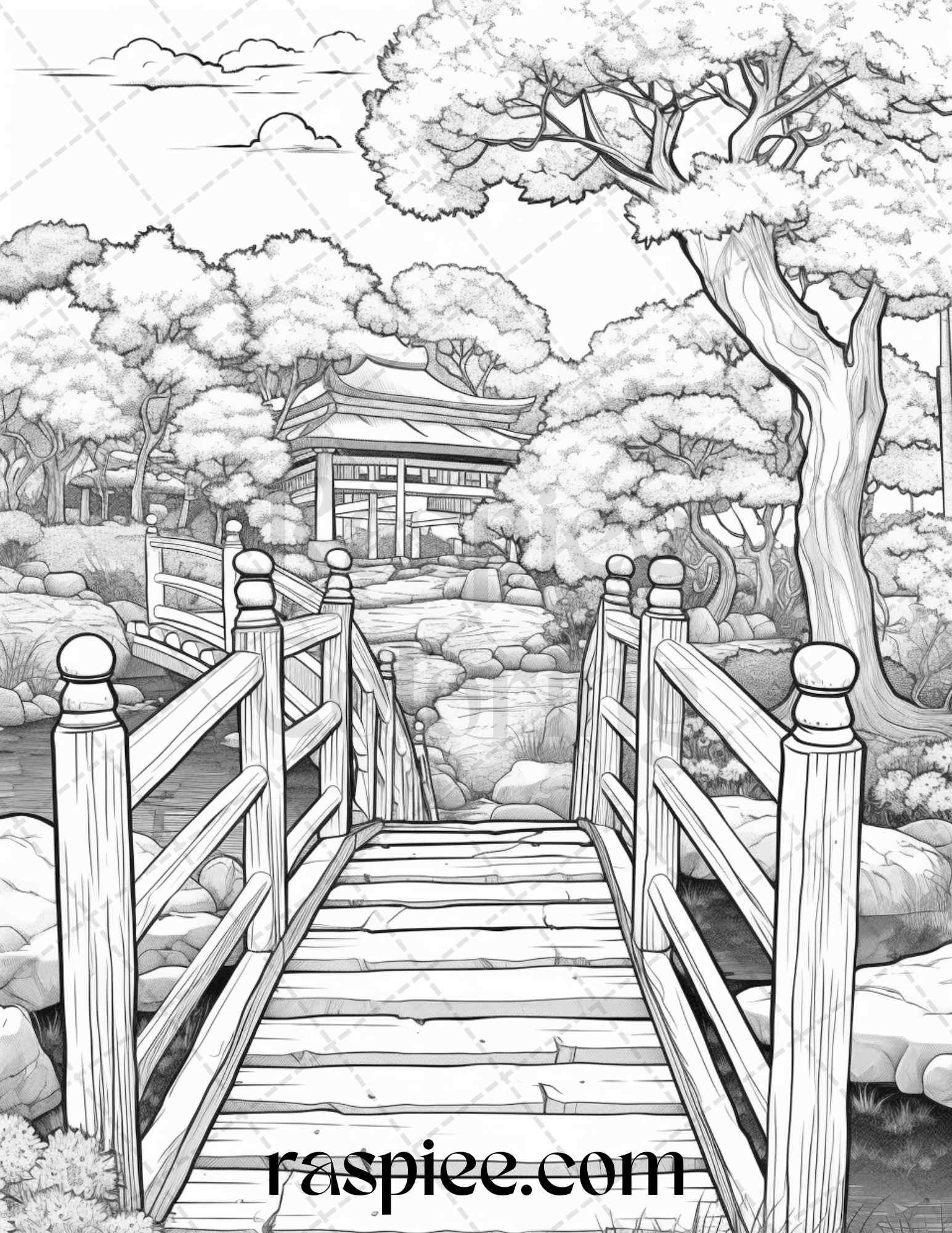 Japanese Garden Grayscale Coloring Pages Printable for Adults, PDF File Instant Download
