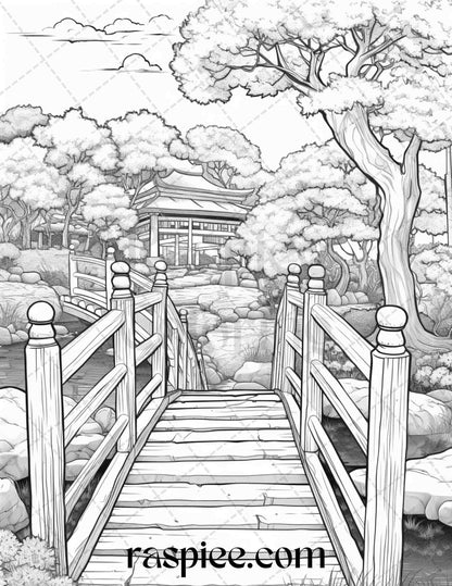 Japanese Garden Grayscale Coloring Pages Printable for Adults, PDF File Instant Download