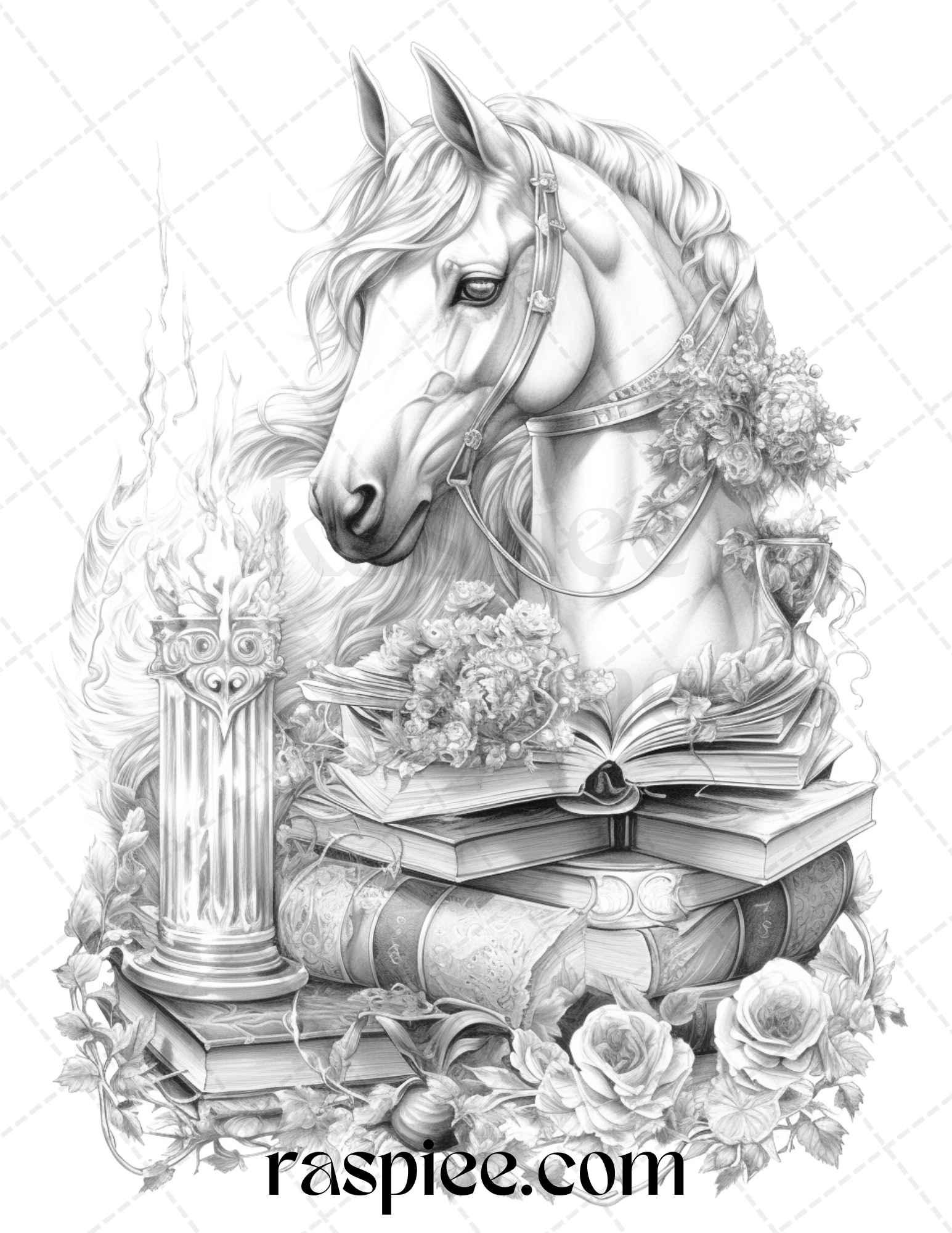 50 Magical Books Grayscale Coloring Pages Printable for Adults, PDF File Instant Download