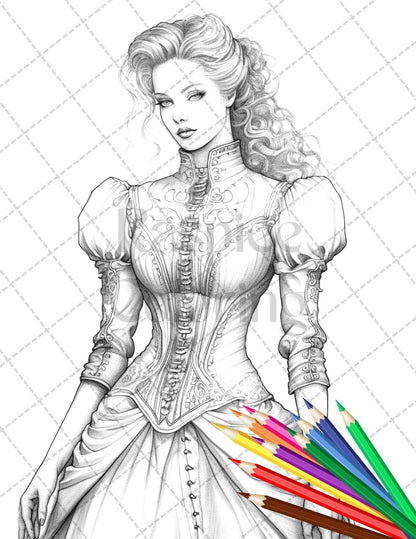 50 Victorian Fashion Grayscale Coloring Pages Printable for Adults, PDF File Instant Download