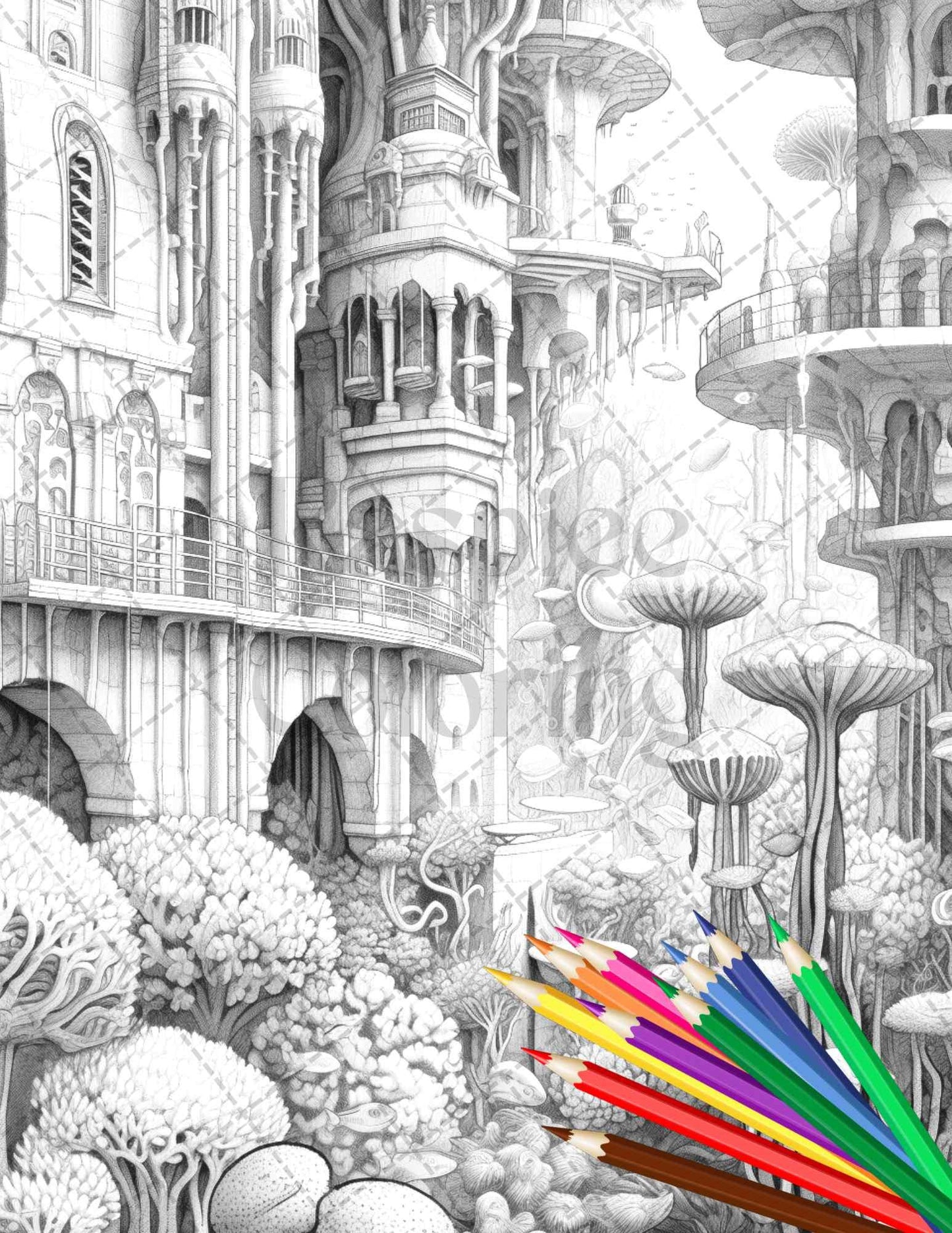 Enchanted Underwater City Grayscale Coloring Pages Printable for Adults, PDF File Instant Download