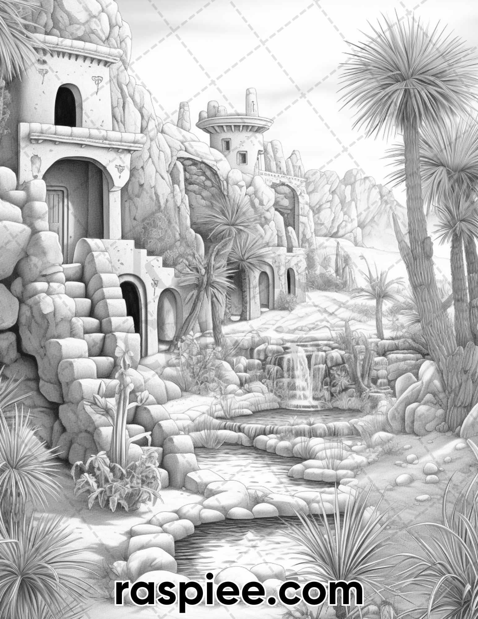 55 Desert Oasis Fairy Homes Grayscale Coloring Pages for Adults, Printable PDF Instant Download