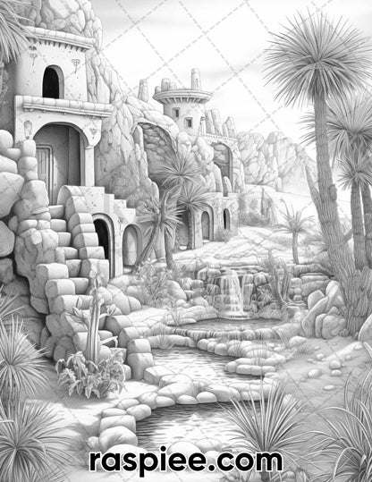 55 Desert Oasis Fairy Homes Grayscale Coloring Pages for Adults, Printable PDF Instant Download