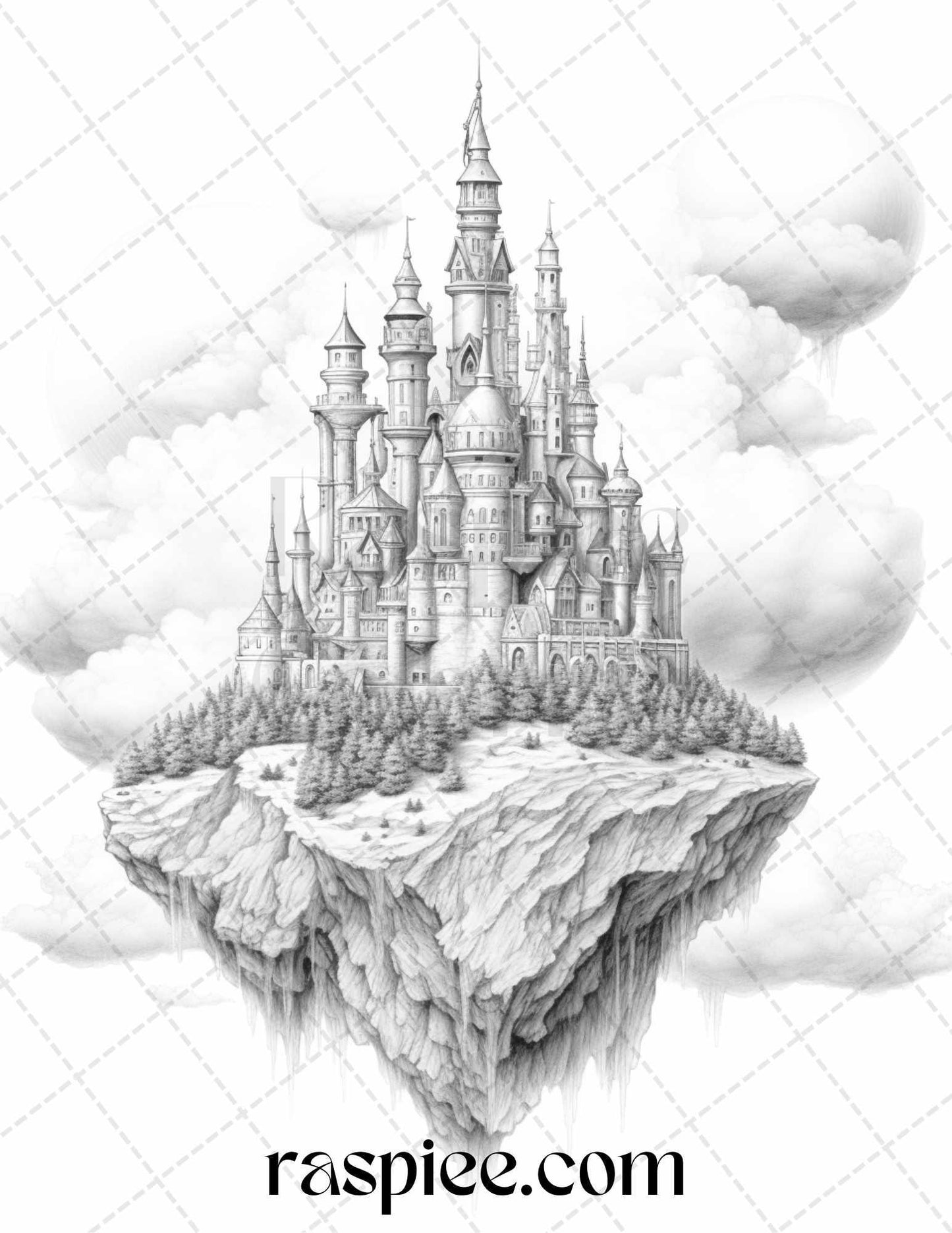 Floating Castle in the Sky Grayscale Coloring Pages for Adults, Printable PDF File Instant Download
