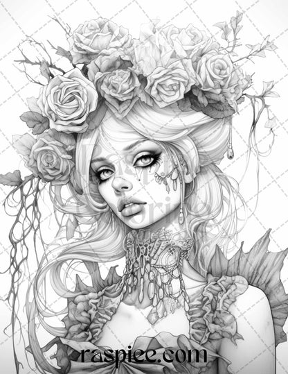 60 Halloween Zombie Fairy Grayscale Coloring Pages Printable for Adults, PDF File Instant Download