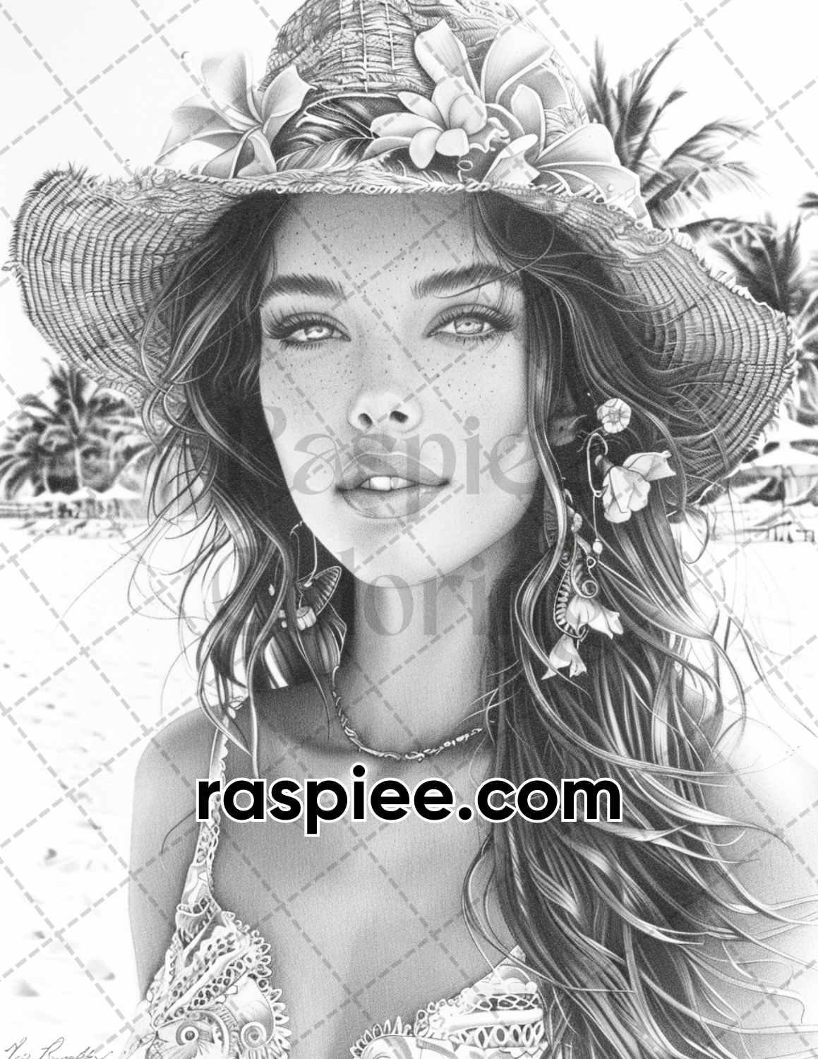 70 Beautiful Tropical Girls Grayscale Adult Coloring Pages Printable PDF Instant Download