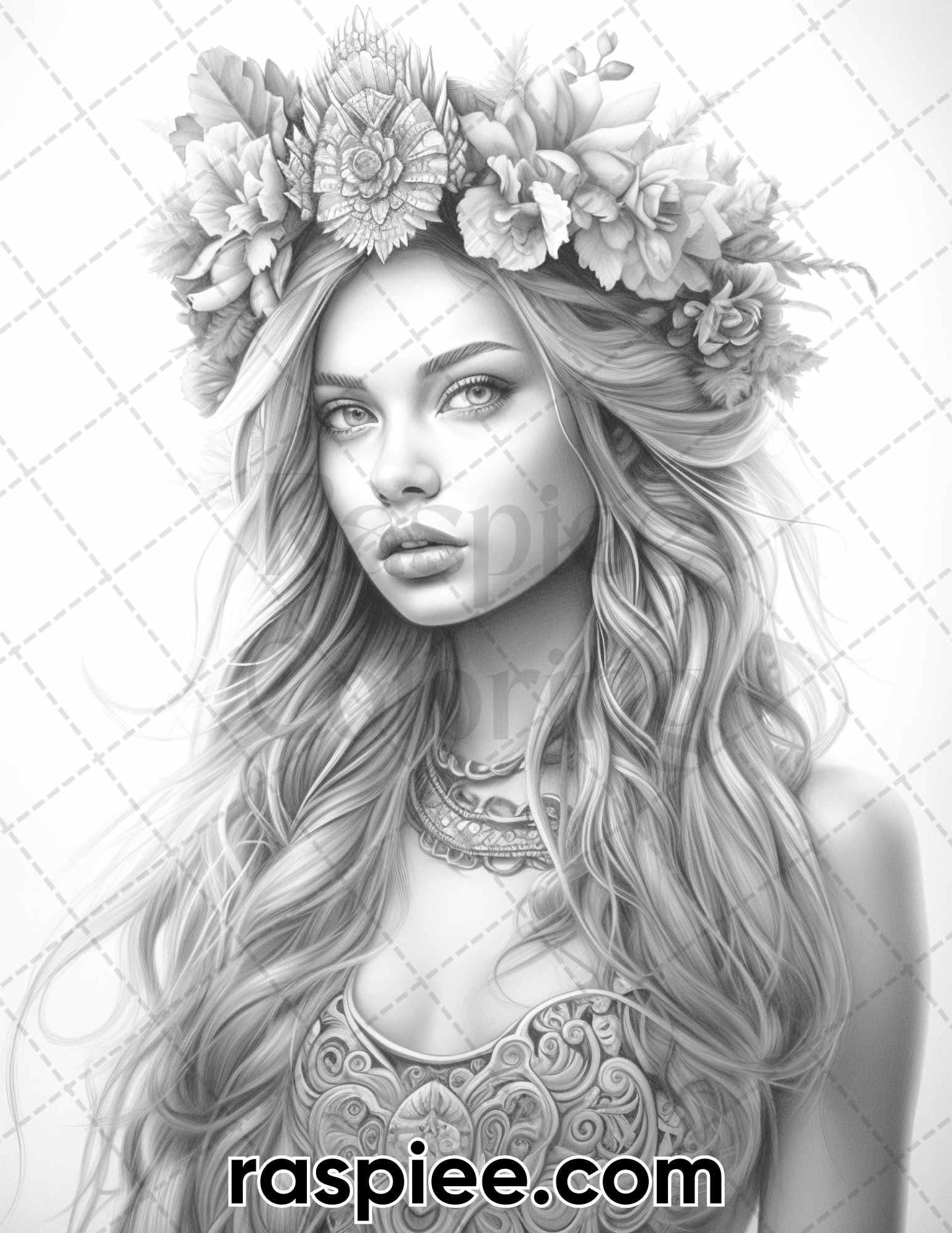 60 Bohemian Beauties Grayscale Coloring Pages for Adults, Printable PDF Instant Download