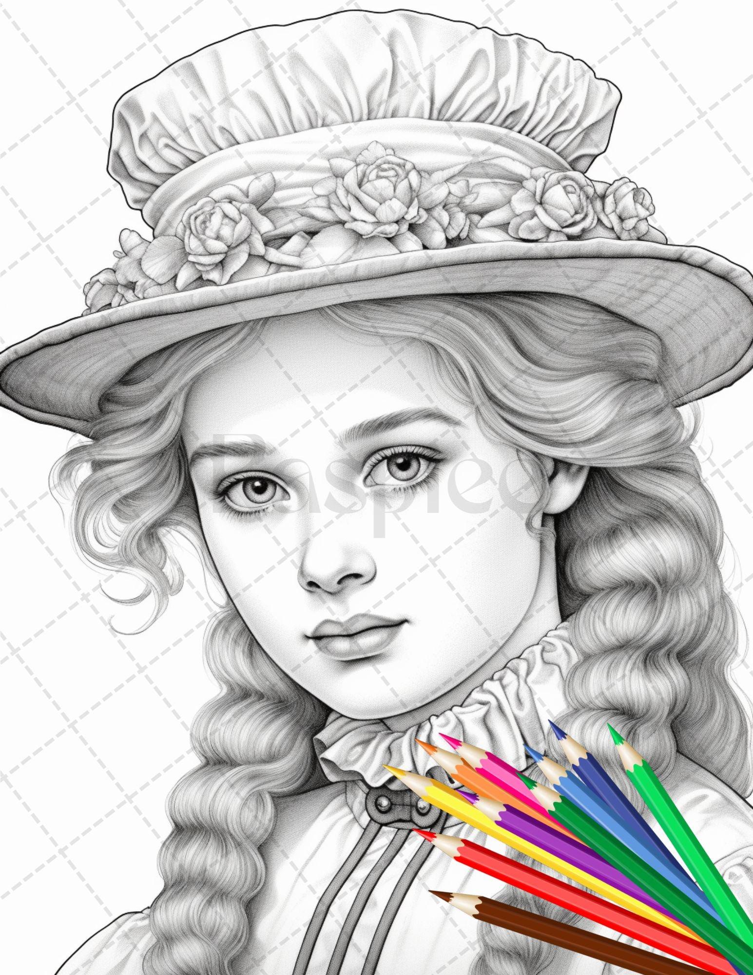 36 Beautiful Victorian Girls Coloring Pages Printable for Adults, Grayscale Coloring Page, PDF File Instant Download