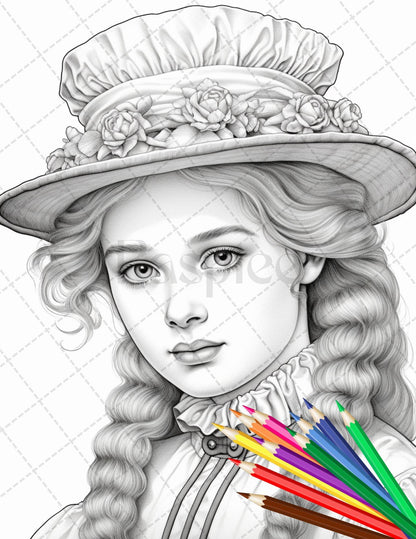 36 Beautiful Victorian Girls Coloring Pages Printable for Adults, Grayscale Coloring Page, PDF File Instant Download