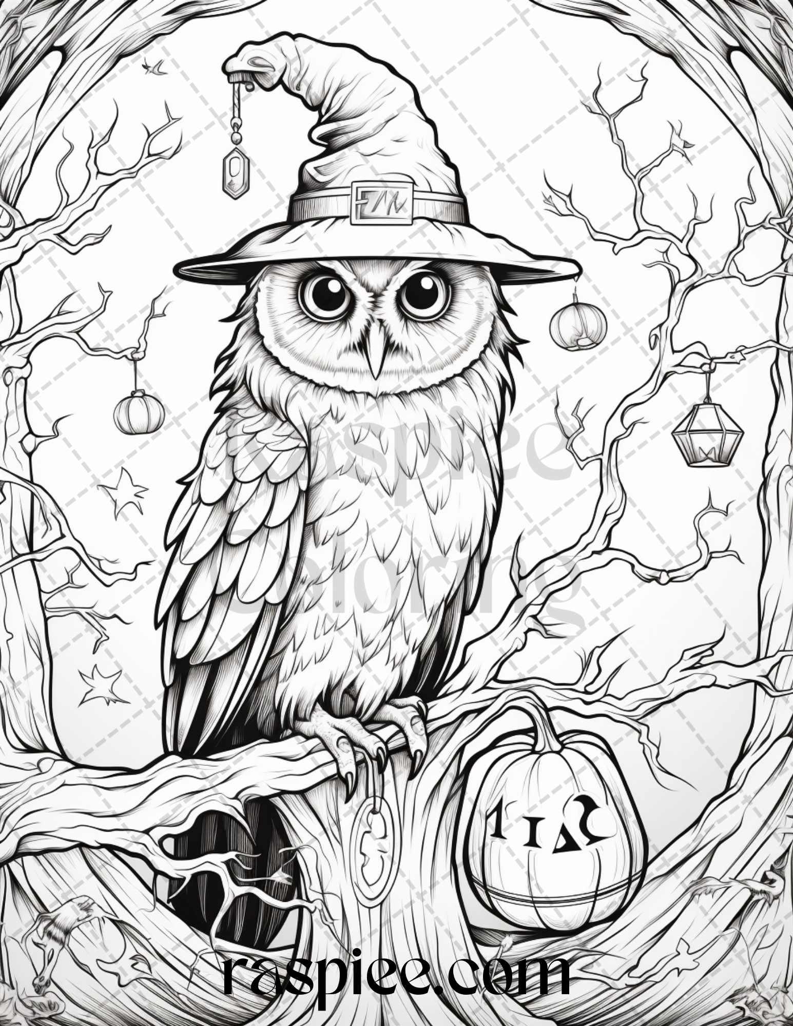 Halloween Witch Owl Grayscale Coloring Pages for Adults and Kids, Printable PDF Instant Download