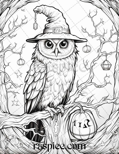 Halloween Witch Owl Grayscale Coloring Pages for Adults and Kids, Printable PDF Instant Download