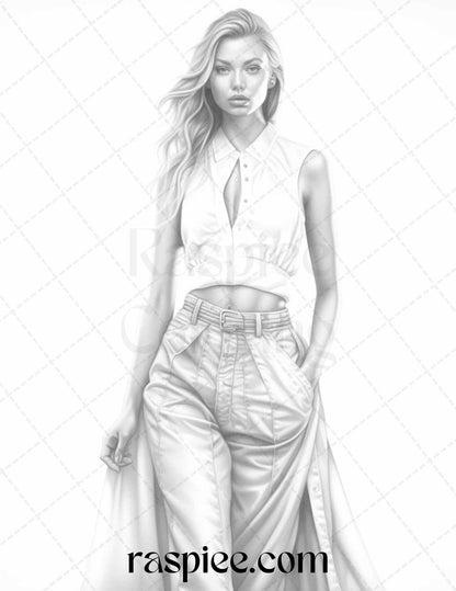 Fashion Show Grayscale Coloring Pages Printable for Adults, PDF File Instant Download