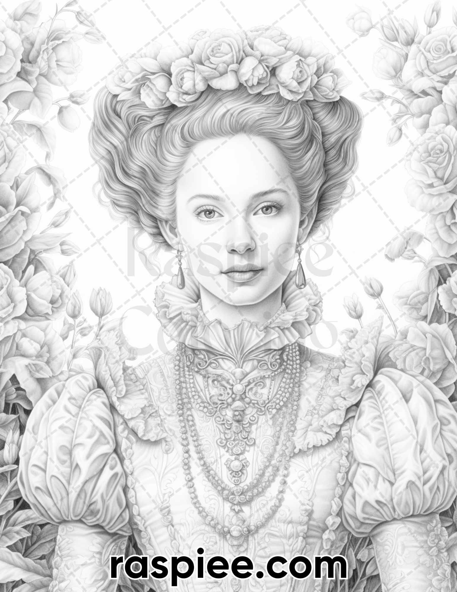 65 Elizabethan Women Portraits Grayscale Adult Coloring Pages, Printable PDF Instant Download