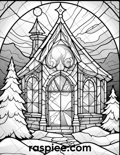 50 Christmas Stained Glass Grayscale Coloring Pages for Adults, Printable PDF File Instant Download
