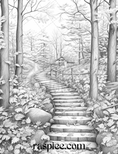 Autumn Scenery Grayscale Coloring Pages Printable for Adults, PDF File Instant Download