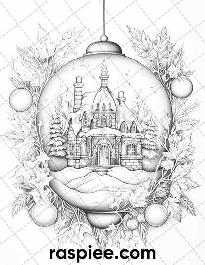 60 Merry Christmas Grayscale Coloring Pages Printable for Adult, Holiday Relaxation Art, PDF File Instant Download