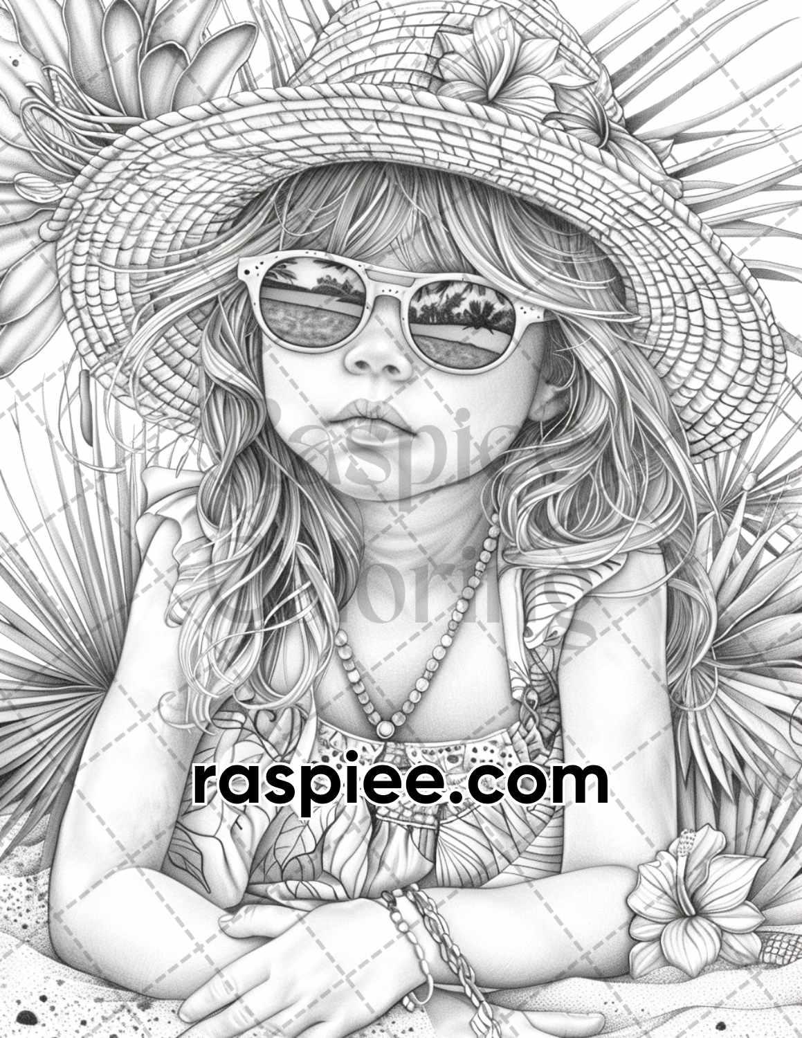 65 Summer Little Girls Portrait Grayscale Adult Coloring Pages Printable PDF Instant Download
