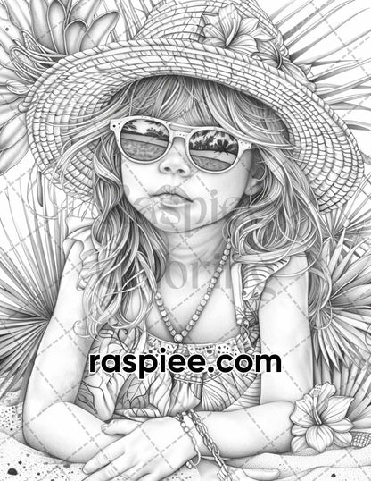65 Summer Little Girls Portrait Grayscale Adult Coloring Pages Printable PDF Instant Download