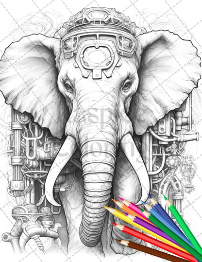 60 Steampunk Animals Grayscale Coloring Pages Printable for Adults, PDF File Instant Download