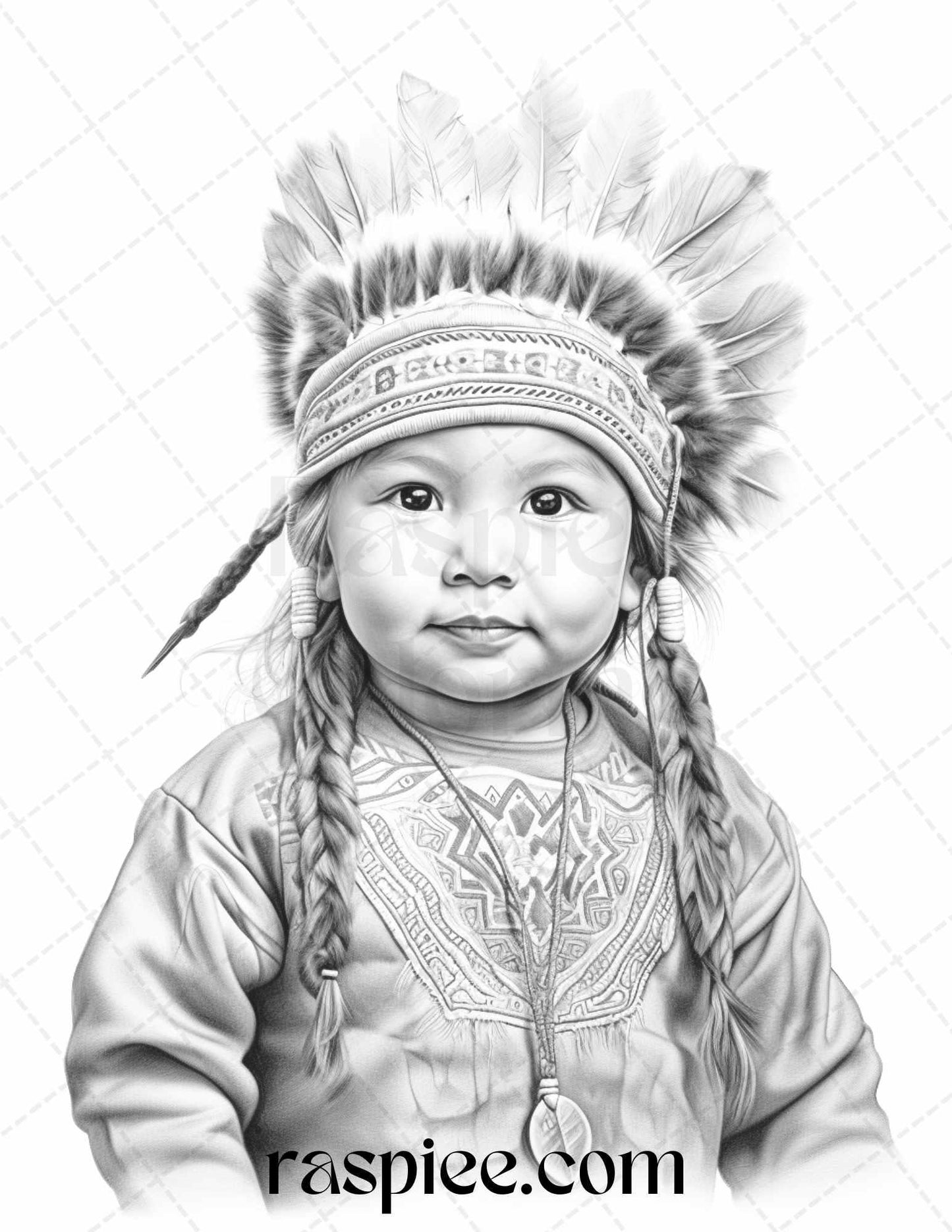 50 Native American Little Girls Boys Grayscale Coloring Pages Printable for Adults Kids, PDF File Instant Download