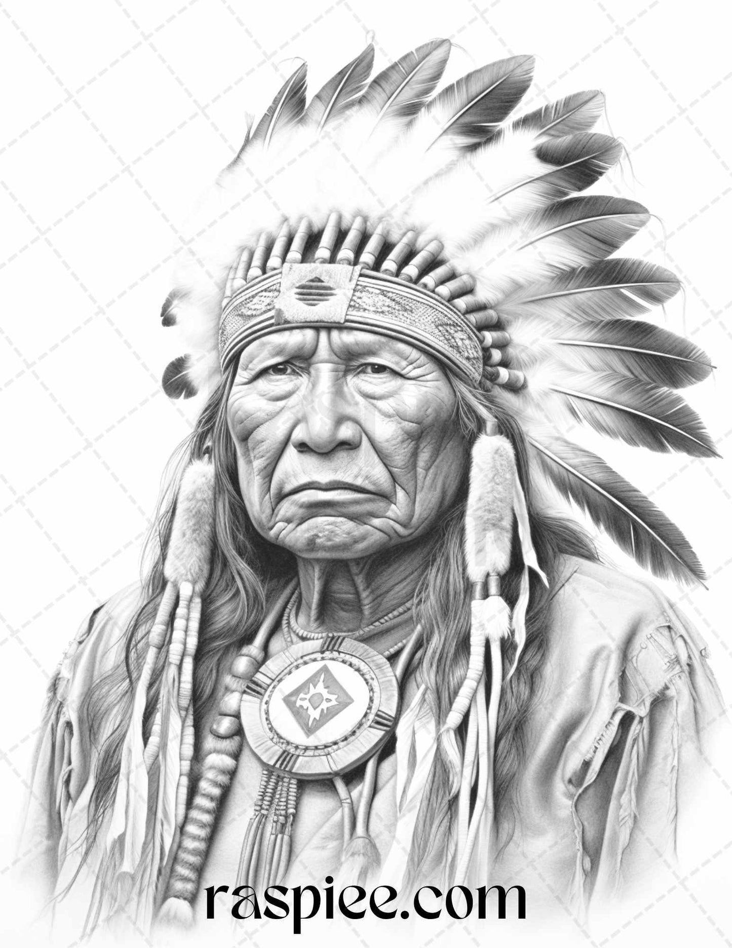 Native American Portrait Grayscale Coloring Pages Printable for Adults, PDF File Instant Download