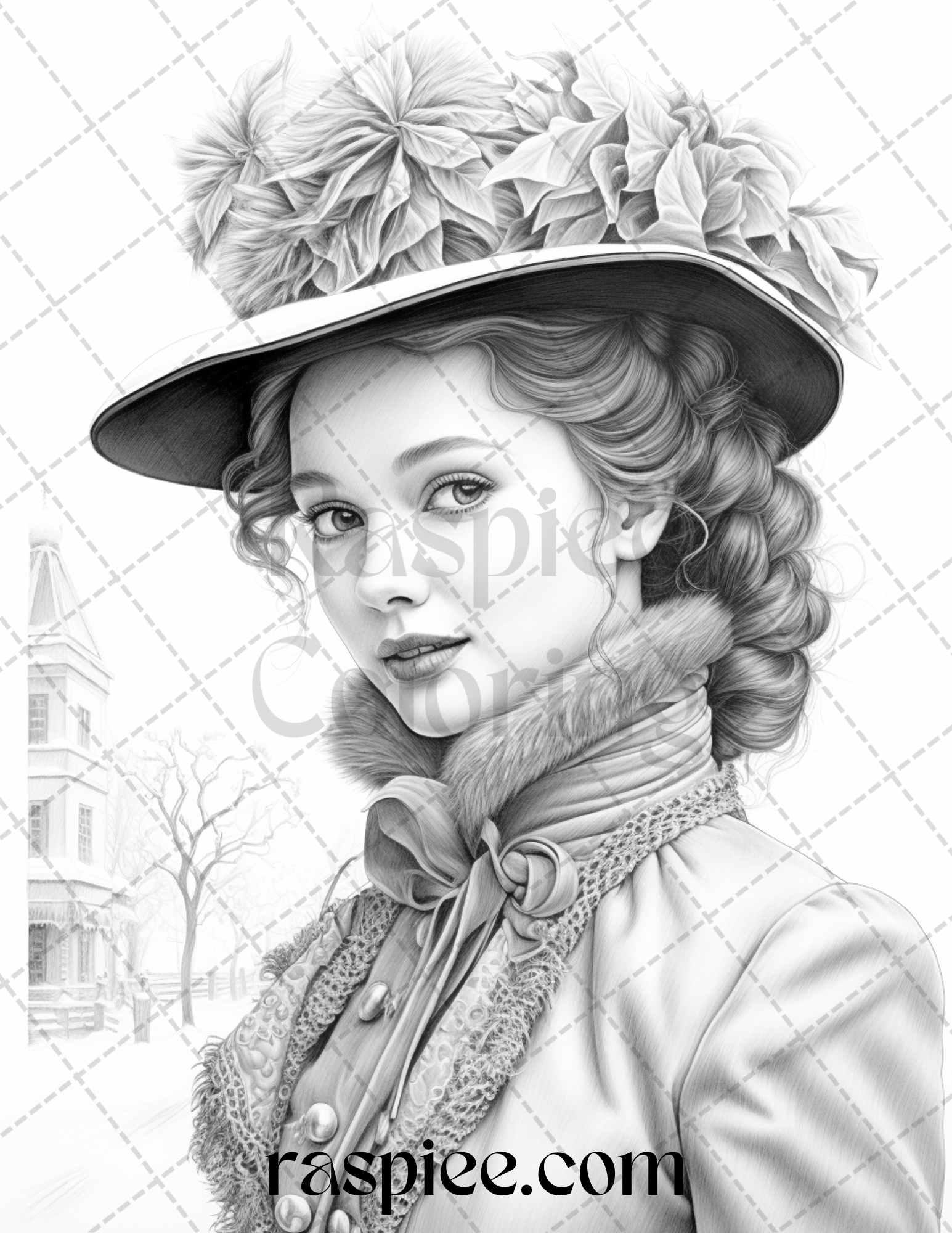 60 Victorian Winter Portrait Grayscale Coloring Pages Printable for Adults, PDF File Instant Download